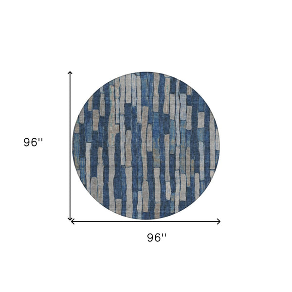 HomeRoots 5' Stylish Navy and Denim Blue Striped Washable Area Rug for Indoor and Outdoor Spaces 8' Round 608954