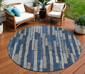 HomeRoots 5' Stylish Navy and Denim Blue Striped Washable Area Rug for Indoor and Outdoor Spaces 8' Round 608954