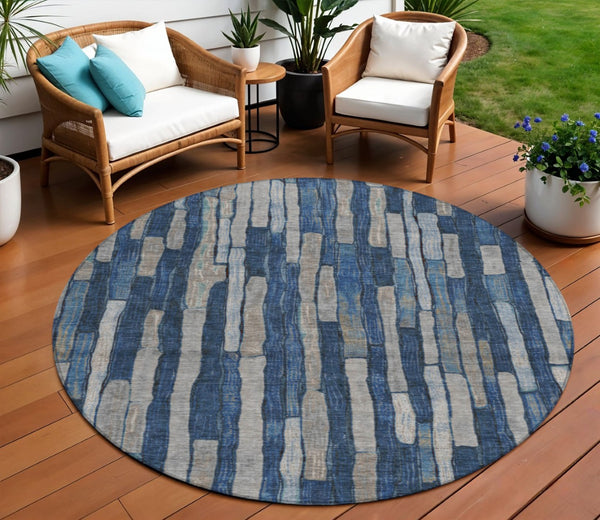 HomeRoots 5' Stylish Navy and Denim Blue Striped Washable Area Rug for Indoor and Outdoor Spaces 8' Round 608954
