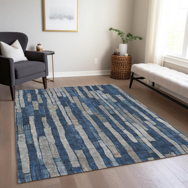 HomeRoots 5' Stylish Navy and Denim Blue Striped Washable Area Rug for Indoor and Outdoor Spaces 8' X 10' 608955
