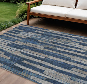 HomeRoots 5' Stylish Navy and Denim Blue Striped Washable Area Rug for Indoor and Outdoor Spaces 9' X 12' 608956