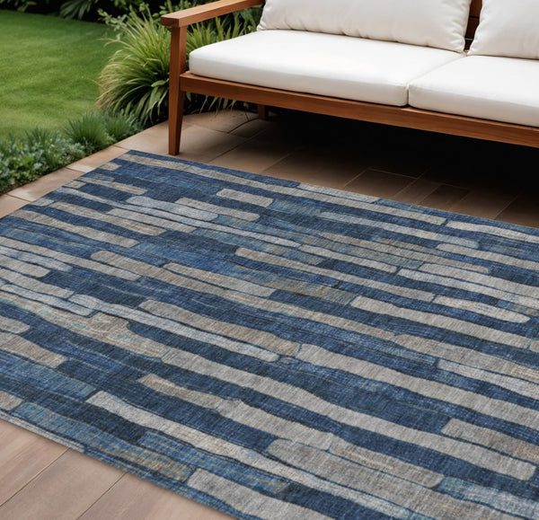 HomeRoots 5' Stylish Navy and Denim Blue Striped Washable Area Rug for Indoor and Outdoor Spaces 9' X 12' 608956