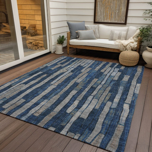 HomeRoots 5' Stylish Navy and Denim Blue Striped Washable Area Rug for Indoor and Outdoor Spaces 10' X 14' 608957