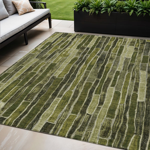 HomeRoots 5' Olive Green Striped Area Rug - Washable, Durable, Indoor/Outdoor, Perfect for High-Traffic Spaces 5' X 8' 608959
