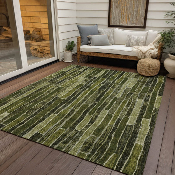 HomeRoots 5' Olive Green Striped Area Rug - Washable, Durable, Indoor/Outdoor, Perfect for High-Traffic Spaces 5' X 8' 608959