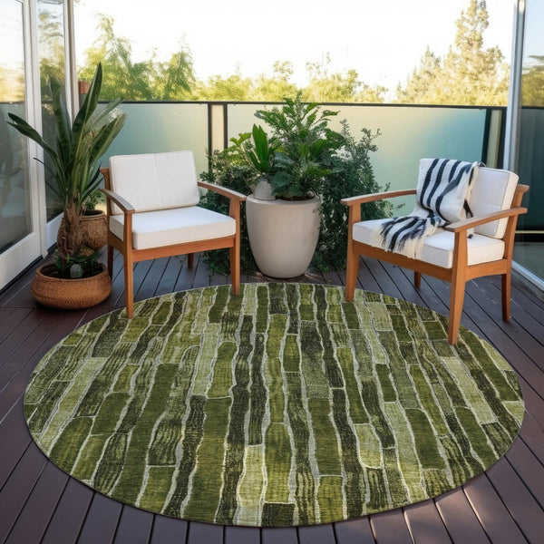 HomeRoots 5' Olive Green Striped Area Rug - Washable, Durable, Indoor/Outdoor, Perfect for High-Traffic Spaces 8' Round 608960