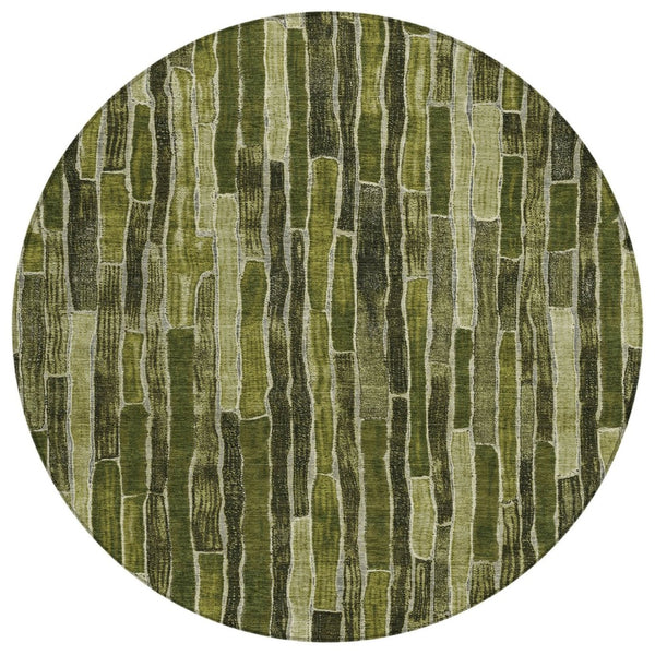 HomeRoots 5' Olive Green Striped Area Rug - Washable, Durable, Indoor/Outdoor, Perfect for High-Traffic Spaces 8' Round 608960