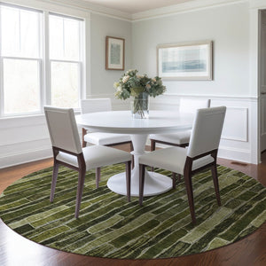 HomeRoots 5' Olive Green Striped Area Rug - Washable, Durable, Indoor/Outdoor, Perfect for High-Traffic Spaces 8' Round 608960