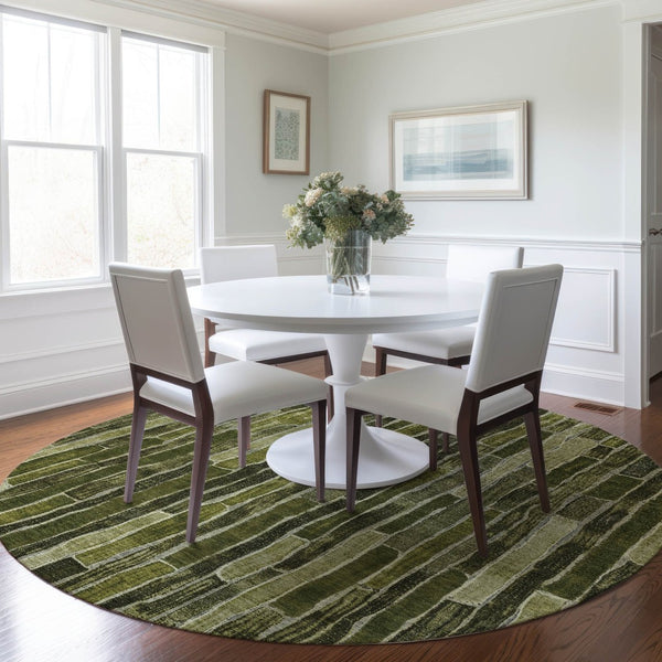 HomeRoots 5' Olive Green Striped Area Rug - Washable, Durable, Indoor/Outdoor, Perfect for High-Traffic Spaces 8' Round 608960