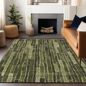 HomeRoots 5' Olive Green Striped Area Rug - Washable, Durable, Indoor/Outdoor, Perfect for High-Traffic Spaces 8' X 10' 608961