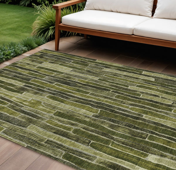 HomeRoots 5' Olive Green Striped Area Rug - Washable, Durable, Indoor/Outdoor, Perfect for High-Traffic Spaces 9' X 12' 608962