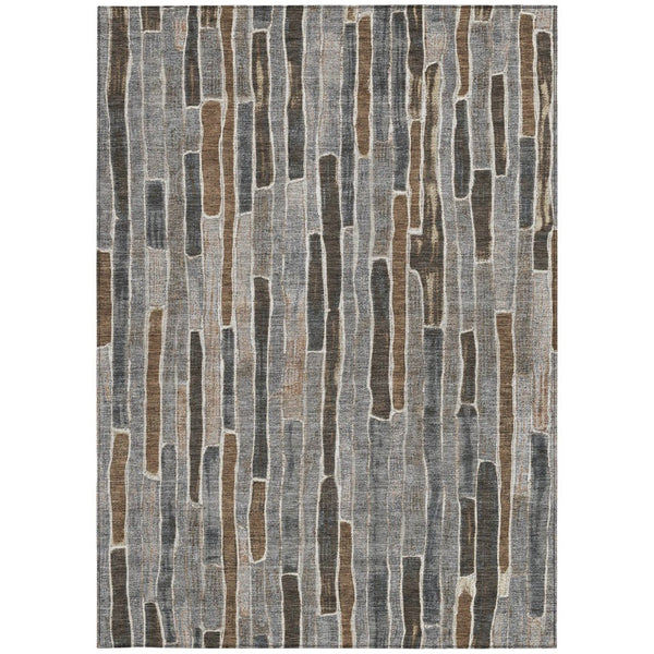 HomeRoots 5' Stylish Pewter and Brown Striped Washable Area Rug for Indoor and Outdoor High-Traffic Spaces 5' X 8' 608965