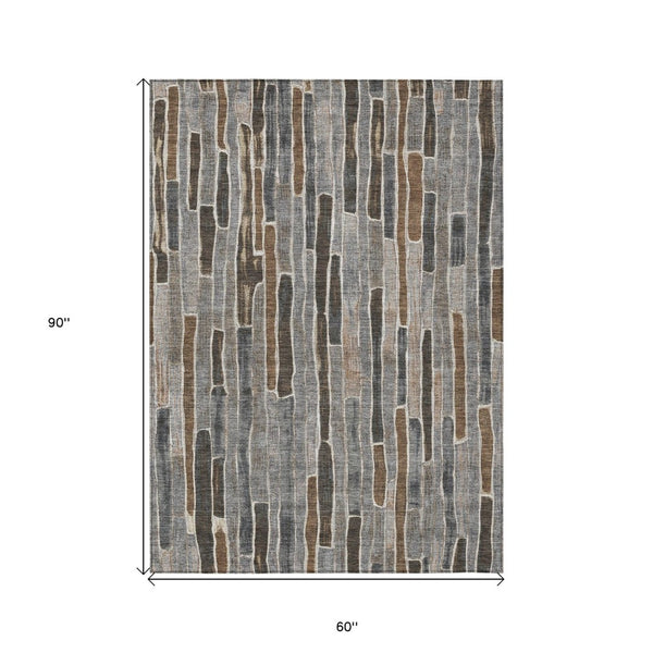 HomeRoots 5' Stylish Pewter and Brown Striped Washable Area Rug for Indoor and Outdoor High-Traffic Spaces 5' X 8' 608965