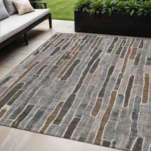 HomeRoots 5' Stylish Pewter and Brown Striped Washable Area Rug for Indoor and Outdoor High-Traffic Spaces 5' X 8' 608965