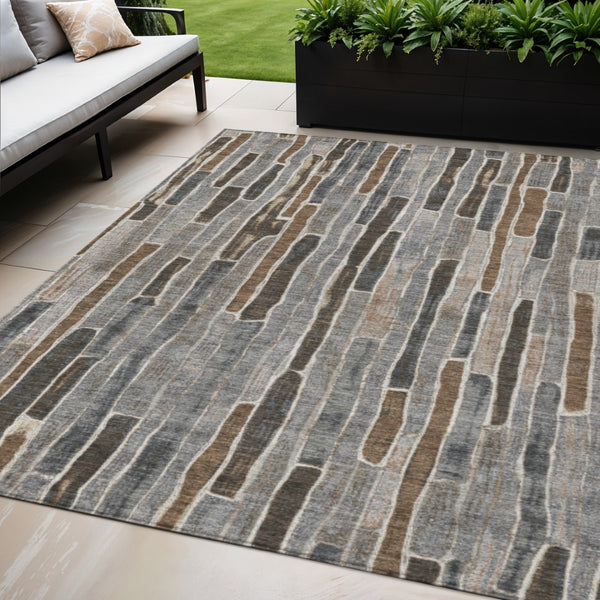 HomeRoots 5' Stylish Pewter and Brown Striped Washable Area Rug for Indoor and Outdoor High-Traffic Spaces 5' X 8' 608965