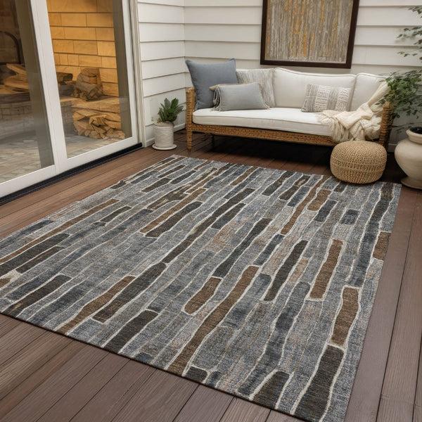 HomeRoots 5' Stylish Pewter and Brown Striped Washable Area Rug for Indoor and Outdoor High-Traffic Spaces 5' X 8' 608965