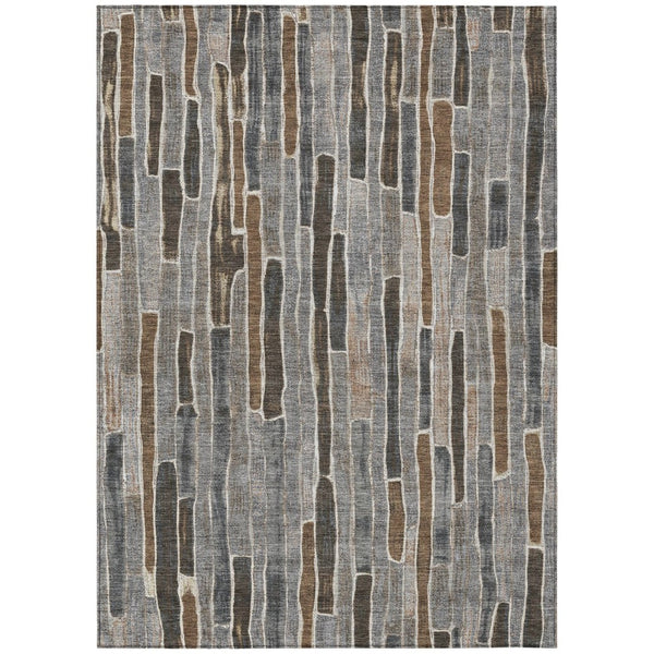 HomeRoots 5' Stylish Pewter and Brown Striped Washable Area Rug for Indoor and Outdoor High-Traffic Spaces 5' X 8' 608965