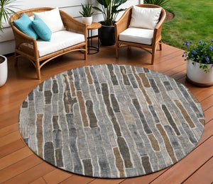 HomeRoots 5' Stylish Pewter and Brown Striped Washable Area Rug for Indoor and Outdoor High-Traffic Spaces 8' Round 608966