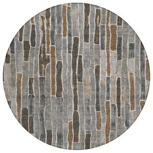 HomeRoots 5' Stylish Pewter and Brown Striped Washable Area Rug for Indoor and Outdoor High-Traffic Spaces 8' Round 608966