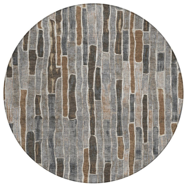 HomeRoots 5' Stylish Pewter and Brown Striped Washable Area Rug for Indoor and Outdoor High-Traffic Spaces 8' Round 608966