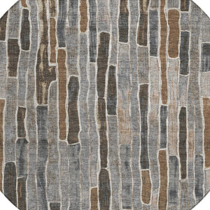 HomeRoots 5' Stylish Pewter and Brown Striped Washable Area Rug for Indoor and Outdoor High-Traffic Spaces 8' Round 608966