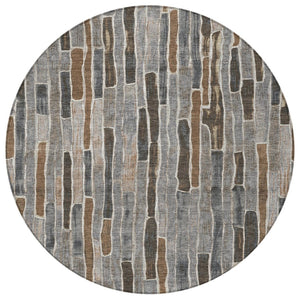 HomeRoots 5' Stylish Pewter and Brown Striped Washable Area Rug for Indoor and Outdoor High-Traffic Spaces 8' Round 608966
