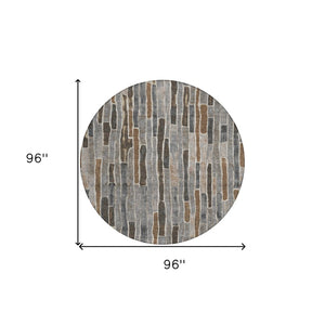 HomeRoots 5' Stylish Pewter and Brown Striped Washable Area Rug for Indoor and Outdoor High-Traffic Spaces 8' Round 608966