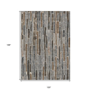 HomeRoots 5' Stylish Pewter and Brown Striped Washable Area Rug for Indoor and Outdoor High-Traffic Spaces 10' X 14' 608969