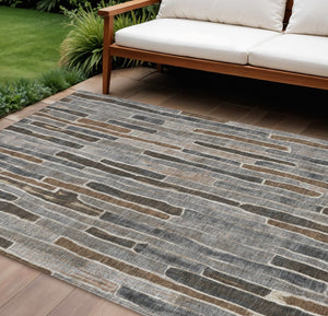 HomeRoots 5' Stylish Pewter and Brown Striped Washable Area Rug for Indoor and Outdoor High-Traffic Spaces 10' X 14' 608969