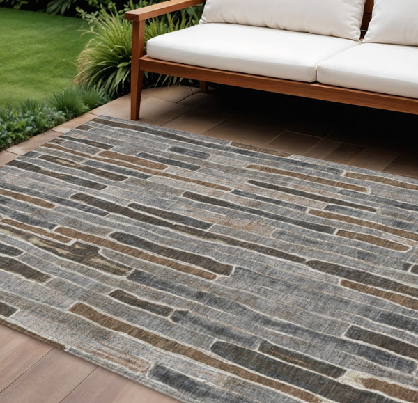 HomeRoots 5' Stylish Pewter and Brown Striped Washable Area Rug for Indoor and Outdoor High-Traffic Spaces 10' X 14' 608969