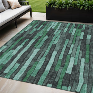 HomeRoots 5' Indoor Outdoor Area Rug – Sage Teal Blue and Emerald Striped Design for Coastal Style & Durability 5' X 8' 608971