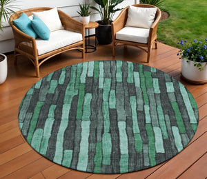 HomeRoots 5' Indoor Outdoor Area Rug – Sage Teal Blue and Emerald Striped Design for Coastal Style & Durability 8' Round 608972