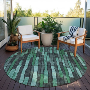 HomeRoots 5' Indoor Outdoor Area Rug – Sage Teal Blue and Emerald Striped Design for Coastal Style & Durability 8' Round 608972