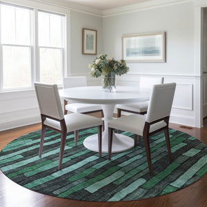 HomeRoots 5' Indoor Outdoor Area Rug – Sage Teal Blue and Emerald Striped Design for Coastal Style & Durability 8' Round 608972