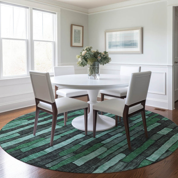 HomeRoots 5' Indoor Outdoor Area Rug – Sage Teal Blue and Emerald Striped Design for Coastal Style & Durability 8' Round 608972
