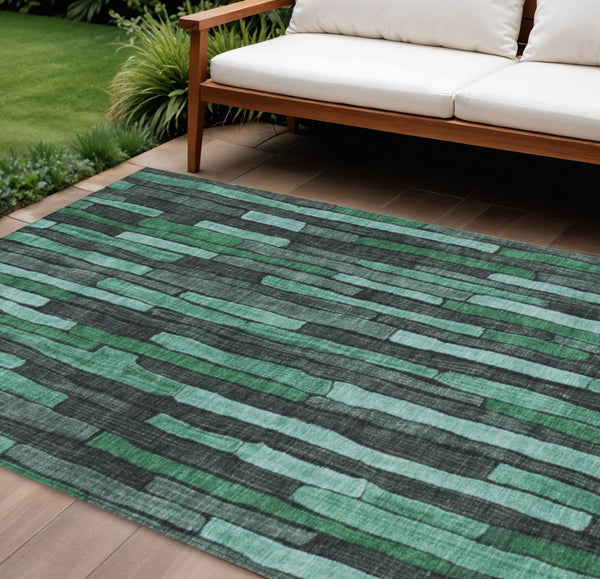 HomeRoots 5' Indoor Outdoor Area Rug – Sage Teal Blue and Emerald Striped Design for Coastal Style & Durability 8' X 10' 608973