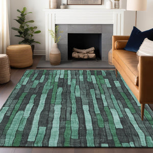 HomeRoots 5' Indoor Outdoor Area Rug – Sage Teal Blue and Emerald Striped Design for Coastal Style & Durability 10' X 14' 608975