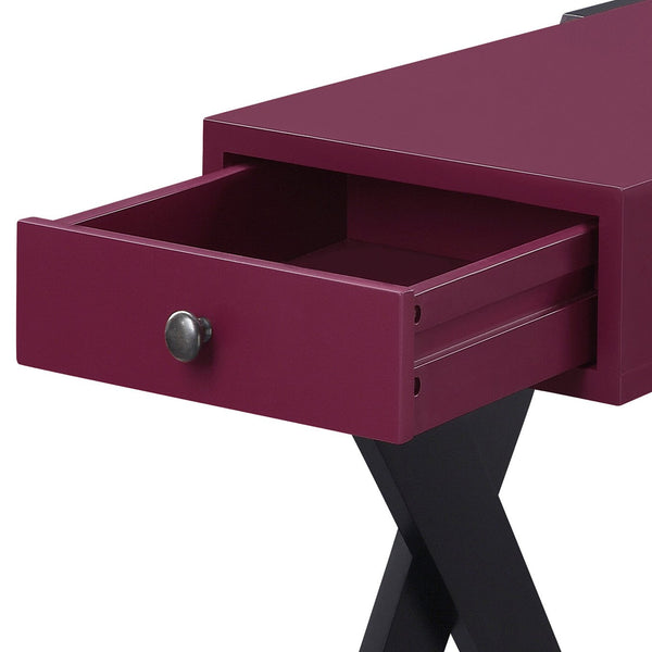 English Elm Burgundy Rectangular Side Table with Drawer and Dual USB Ports, X-Style Wood Legs, Compact Chic B062P185647
