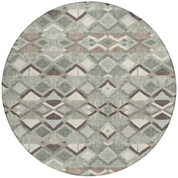 HomeRoots 5' Geometric Sage and Off-White Indoor Outdoor Area Rug - Stylish, Washable, and Durable Design 8' Round 608995