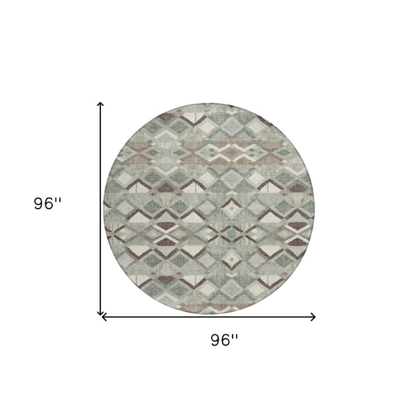 HomeRoots 5' Geometric Sage and Off-White Indoor Outdoor Area Rug - Stylish, Washable, and Durable Design 8' Round 608995