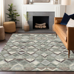 HomeRoots 5' Geometric Sage and Off-White Indoor Outdoor Area Rug - Stylish, Washable, and Durable Design 8' X 10' 608996