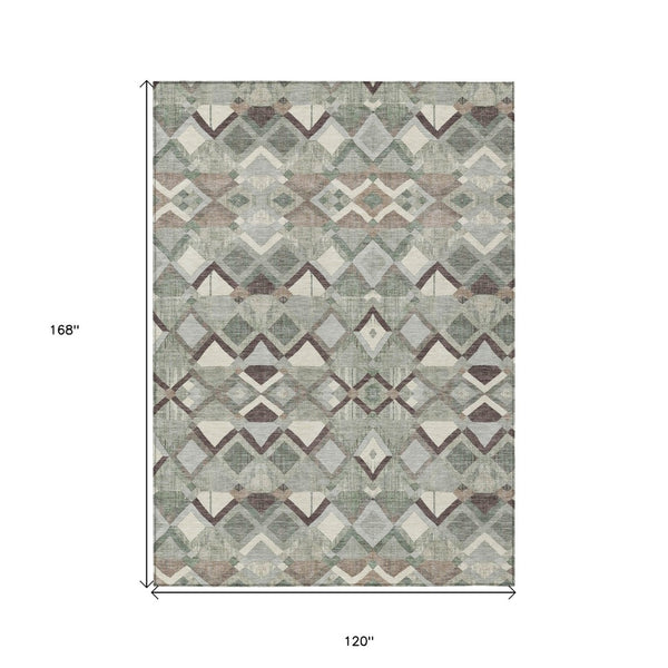 HomeRoots 5' Geometric Sage and Off-White Indoor Outdoor Area Rug - Stylish, Washable, and Durable Design 10' X 14' 608998