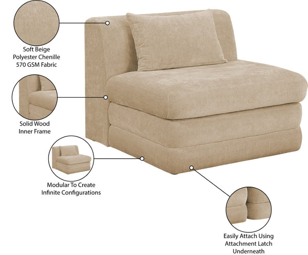 Meridian Furniture Stellar Modular Armless Chair in 570 Gsm Chenille Plush Upholstered Sectional for Living Room Beige 608Beige-Armless