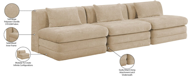 Meridian Furniture Stellar Three Piece Modular Sofa Plush Chenille Upholstery Neutral Living Room Seating 608Beige-S114A
