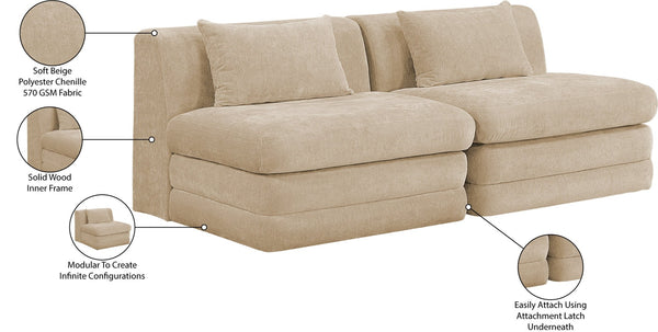 Meridian Furniture Stellar Two Piece Modular Sofa Plush Chenille Upholstery Low Profile Living Room 608Beige-S76A