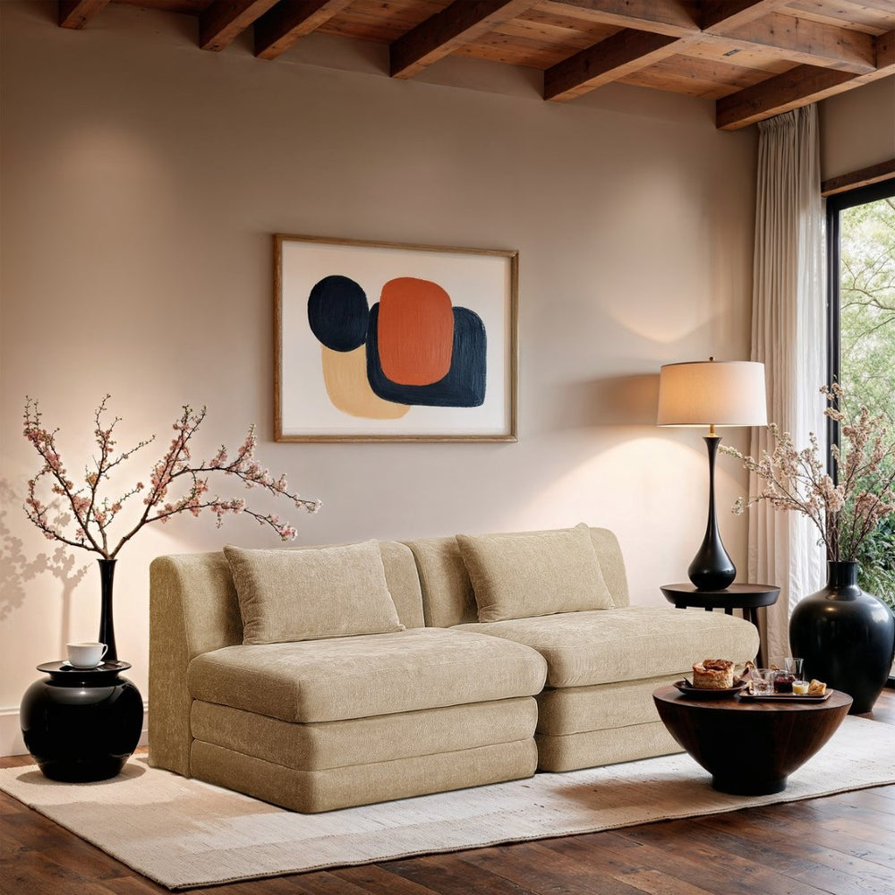 Meridian Furniture Stellar Two Piece Modular Sofa Plush Chenille Upholstery Low Profile Living Room 608Beige-S76A