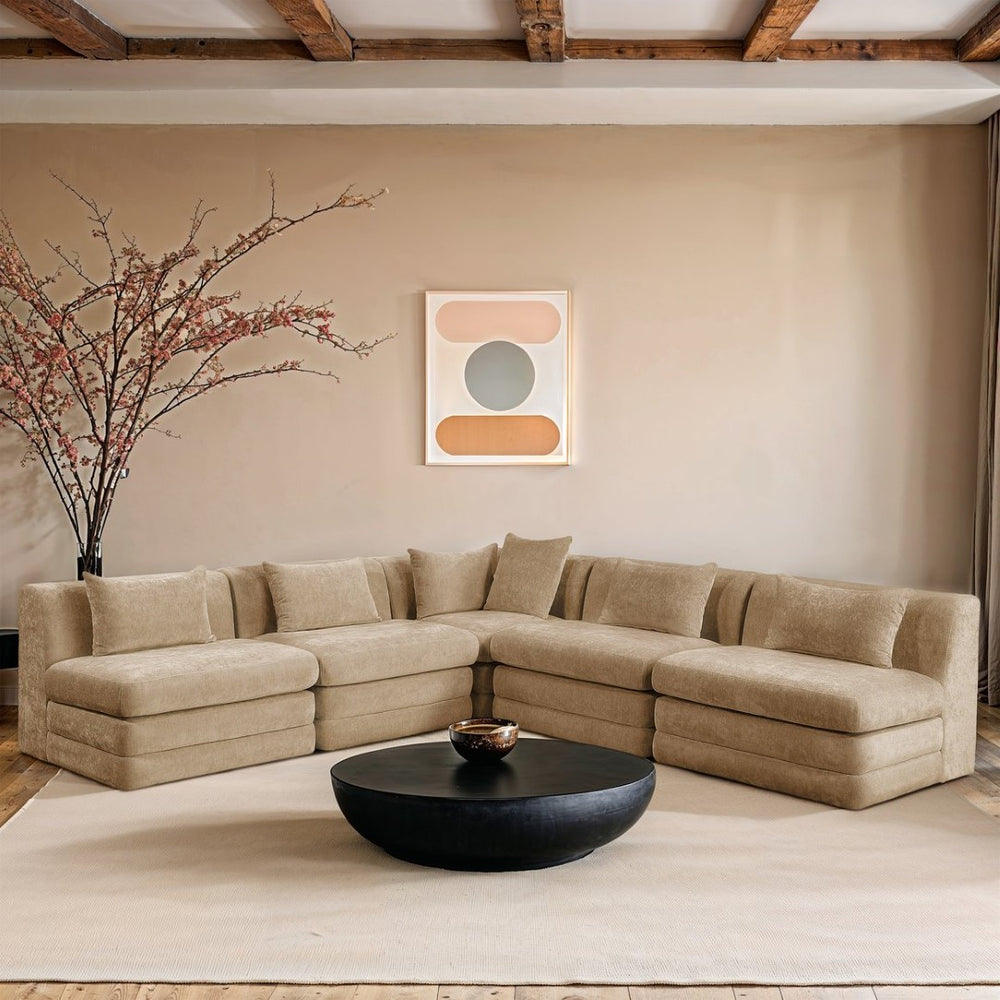 Meridian Furniture Stellar Five Piece Modular Sectional Plush Chenille Upholstered Family Living Room Sofa 608Beige-Sec5B