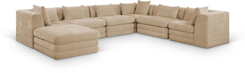 Meridian Furniture Stellar Seven Piece Chenille Modular Sectional Soft Beige Velvety Weave Living Room Sofa 608Beige-Sec7A