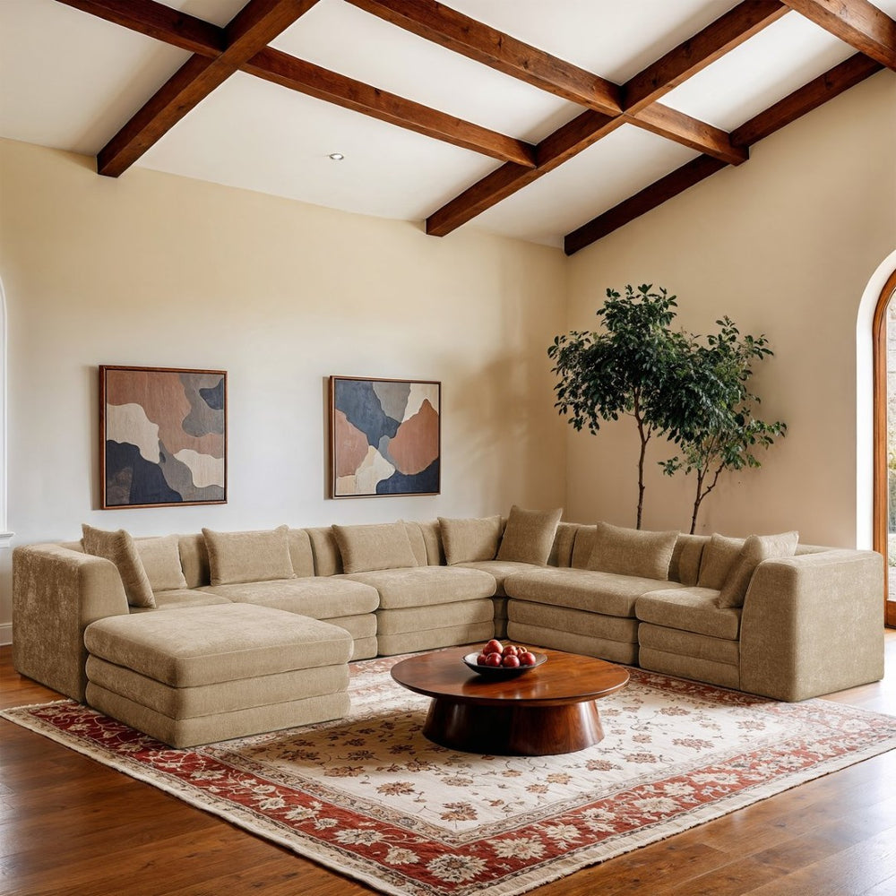 Meridian Furniture Stellar Seven Piece Chenille Modular Sectional Soft Beige Velvety Weave Living Room Sofa 608Beige-Sec7A