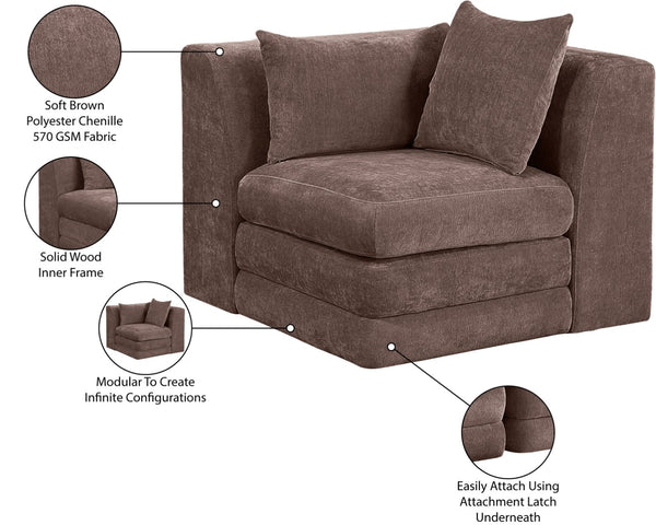 Meridian Furniture Stellar Plush Chenille Upholstered Modular Corner Accent Chair for Contemporary Living Rooms Brown 608Brown-Corner